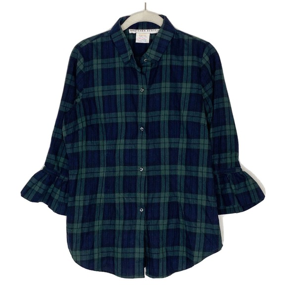 Gretchen Scott Priss Green Black Button Down Flare Sleeve Cooper Plaid Top Sz S